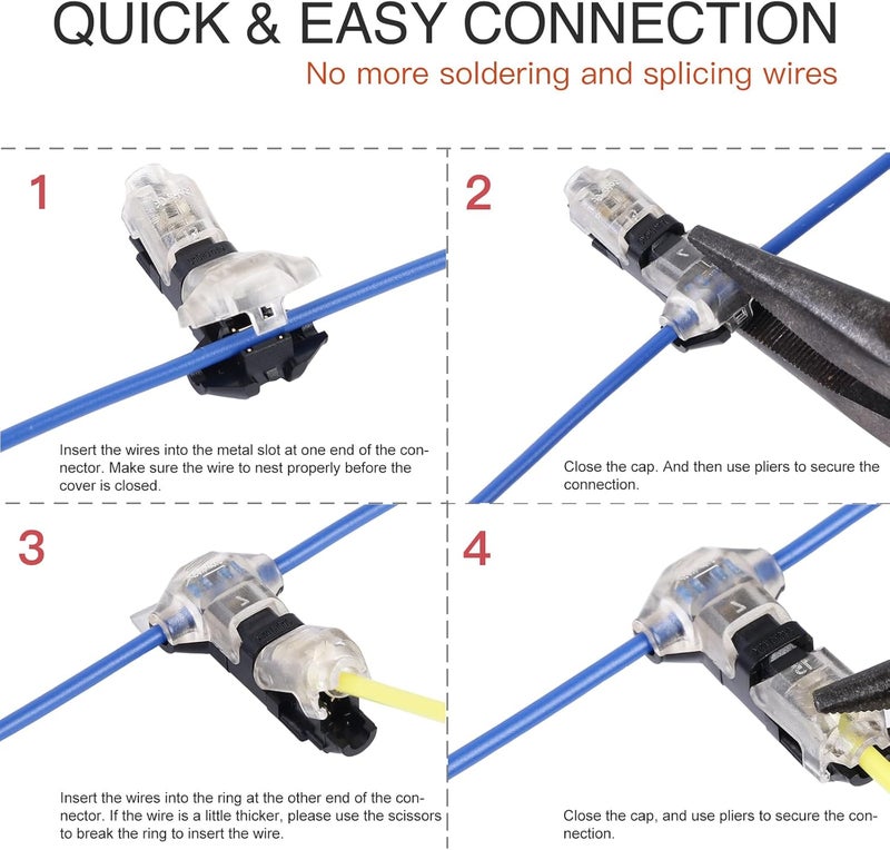 Brightfour T Tap Wire Connectors for 16-20 AWG Wires, No Wire Stripping Low Voltage Wire Splice Connectors, Solderless 3 Way 1 Pin 12 Pack - Image 2